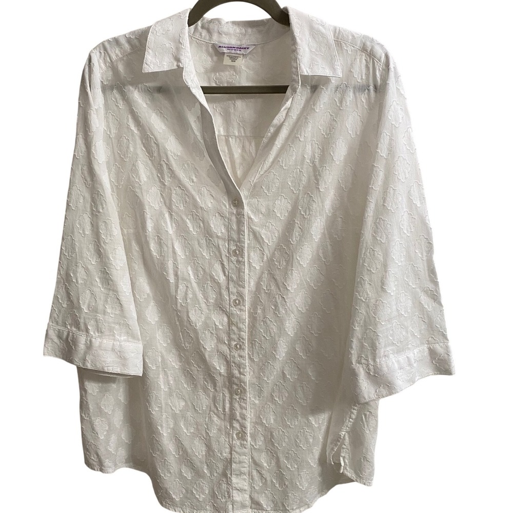 Allison Daley Women White Cotton Textured Button Down Blouse‎ Size 16W 3/4 Slv